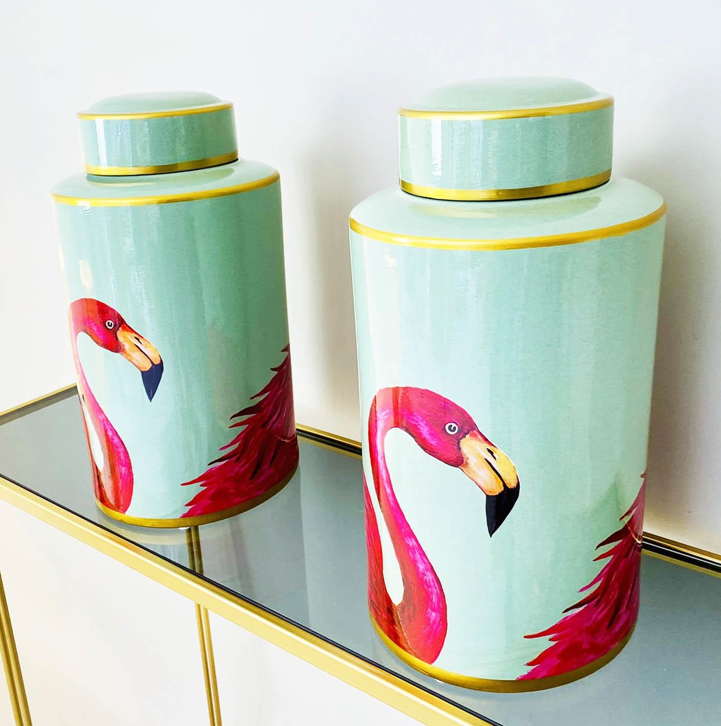 GINGER JARS, pair, 40cm H x 20cm diam., glazed ceramic with flamingo design. (2) - Image 5 of 5