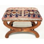 KELIM FOOTSTOOL, Regency style mahogany with antique brass studded Kelim upholstery and 'X' form
