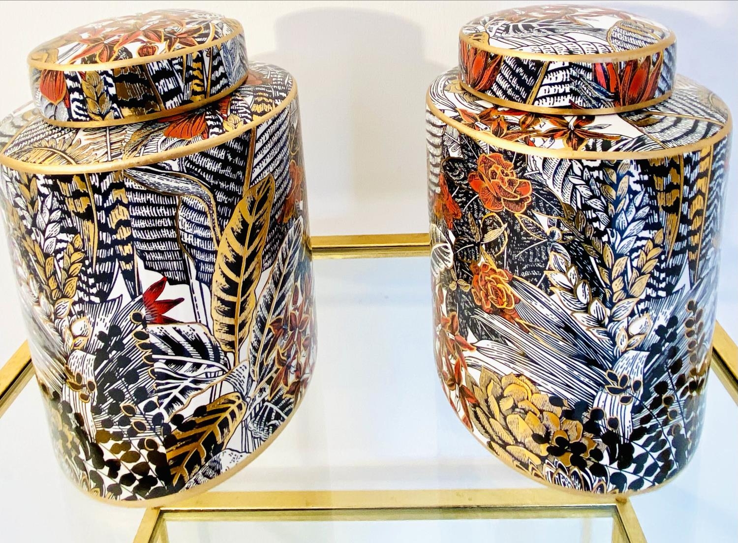 GINGER JARS, 30cm H x 20cm diam., a pair, glazed ceramic with foliate print design. (2)