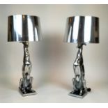 GREYHOUND TABLE LAMPS, aluminium with "silver" shades, 100cm H (including shades).