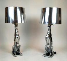 GREYHOUND TABLE LAMPS, aluminium with "silver" shades, 100cm H (including shades).