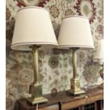 CLASSICAL STYLE BRASS TABLE LAMPS, pair, square columns, cream shades, 95cm x H, corinthian