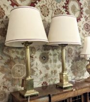 CLASSICAL STYLE BRASS TABLE LAMPS, pair, square columns, cream shades, 95cm x H, corinthian