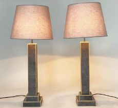 TABLE LAMPS, a pair, faux shagreen and contrast trim each with square section column and stepped