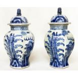 TEMPLE JARS, a pair, Chinese blue and white ceramic with lids and facetted vase form, 68cm H. (2)