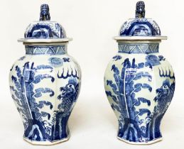 TEMPLE JARS, a pair, Chinese blue and white ceramic with lids and facetted vase form, 68cm H. (2)