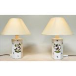 HEREND TABLE LAMPS, a pair, Hungarian porcelain hexagonal with bird and butterfly painting, 48cm H