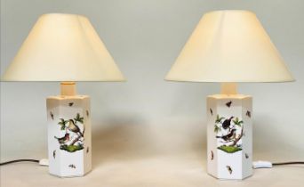 HEREND TABLE LAMPS, a pair, Hungarian porcelain hexagonal with bird and butterfly painting, 48cm H