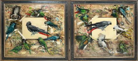 KATIE O'SULLIVAN (B 1959) 'Parrots', a pair, oil on board, 81cm x 89cm. 2 Framed