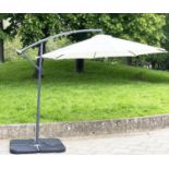 CANTILEVER GARDEN PARASOL, circular cream canvas retractable 'winder action', with weighted (