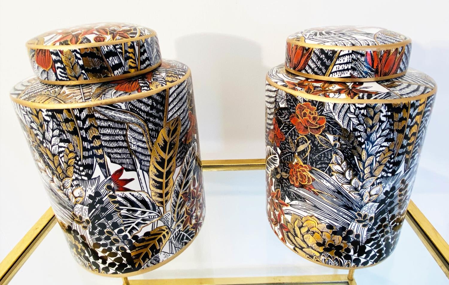 GINGER JARS, 30cm H x 20cm diam., a pair, glazed ceramic with foliate print design. (2) - Image 5 of 5