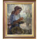 NOE NESTEROVICH GEDENIDZE (Russian/Georgian 1914-2002), 'Accountant Practicing', oil on canvas, 86cm