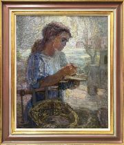 NOE NESTEROVICH GEDENIDZE (Russian/Georgian 1914-2002), 'Accountant Practicing', oil on canvas, 86cm