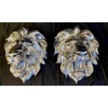 LION HEAD WALL RELIEF PLAQUE, pair, silvered finish, 49cm x 42cm x 24cm (2)