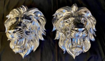 LION HEAD WALL RELIEF PLAQUE, pair, silvered finish, 49cm x 42cm x 24cm (2)