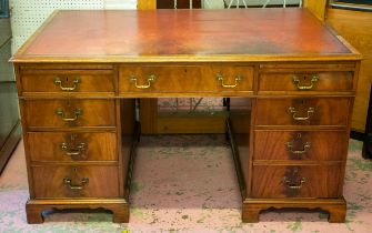 PEDESTAL DESK, 75cm H x 138cm W x 92cm D, 20th century mahogany with red leather top above two