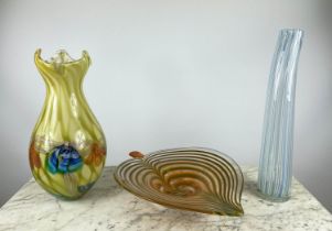 MURANO 1960'S CENTREPIECE IN THE FORM OF A LEAF, yellow and green, a Murano vase elongated and a