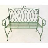 GARDEN BENCH, 95cm H x 105cm W x54cm D, Regency style, painted pistachio green metal.