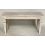 ITALIAN CONSOLE/CENTRE TABLE, 73cm x 148cm x 73cm, carved giltwood with rounded rectangular marble