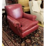 ARMCHAIR, 90cm H x 82cm W, Victorian Howard style, with studded red leather upholstery.