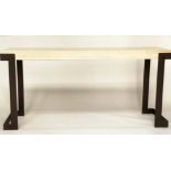 TRAVERTINE CONSOLE TABLE, 85cm H x 180cm W x 50cm D, on shaped metal end supports.