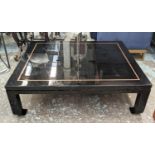 LOW TABLE, 1970's Italian style, 100cm x 120cm x 37cm, black lacquered with gilt metal detail.