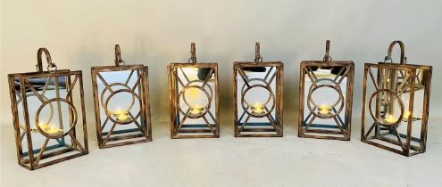 WALL HANGING CANDLE LANTERNS, a set of six, Art Deco style, mirrored backs, 43cm x 22cm x 11cm (6)