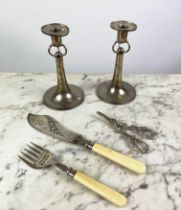 SILVER CANDLESTICKS, Arts and Crafts, Hardy Bros Ltd, London 1910, 20cm H, along with a pair of