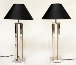 TABLE LAMPS, a pair, 70cm H, Art Deco style, chromium plated, each with four pillars and square