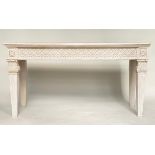 CONSOLE TABLE, 151cm x 51cm D x 80cm H, Italian, grey painted top with carved rosette frieze and ,