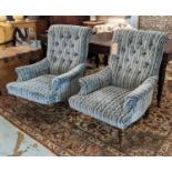 LIBRARY ARMCHAIRS, a pair, 93cm H x 71cm W, Victorian mahogany with stripped upholstery, on raised