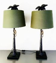 TABLE LAMPS, a pair, 84cm high x 36cm diameter, green shades, palm tree bases with a climbing monkey