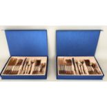 CANTEEN CUTLERY SETS, a pair, each with four place settings, coppered metal, blue cases, 5cm x