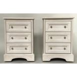 BEDSIDE CHESTS, a pair, 50cm x 44cm D x 74cm H, grey painted, Continental style, each with three