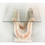 LAMP TABLE, square bevelled glass, on 'U' marble support, 56cm x 56cm x 52cm H.