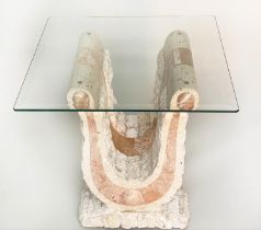 LAMP TABLE, square bevelled glass, on 'U' marble support, 56cm x 56cm x 52cm H.