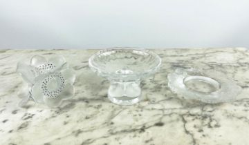 LALIQUE NOGENT CRYSTAL BOWL, a Honfleur Lalique bowl and an Anemone Lalique crystal candlestick. (3)