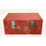 TRUNK, 82cm W x 55cm D x 35cm H, early 20th century Chinese Export, scarlet lacquered and gilt