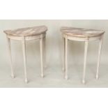 CONSOLE TABLES, a pair, 64cm x 35cm x 77cm H. French Louis XVI style, grey painted and with marble