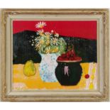 RENE GENIS CERISE, Fleurs et poire, off set lithograph, French vintage frame, 36.5cm x 45cm.