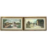 20TH CENTURY SCHOOL 'FARM SCENE AND LAKE VIEW', oils on paper, both indistinctly signed, 28cm x