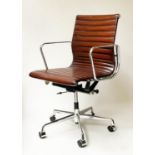REVOLVING DESK CHAIR, Charles and Ray Eames inspire, with ribbed tan leather, seat revolving and