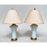 TABLE LAMPS, a pair, Chinese style eau-de-nil ceramic, slender vase form with elephant head handles,