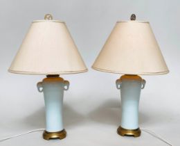 TABLE LAMPS, a pair, Chinese style eau-de-nil ceramic, slender vase form with elephant head handles,