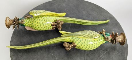 PARROT WALL SCONCES, a pair, glazed ceramic, gilt metal mounts, 47cm H. (2)