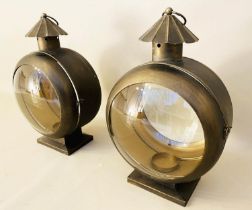 LANTERNS, a pair, 54cm H x 37cm W x 26cm D, nautical style design, aged gilt finish (2)