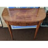 CARD TABLE, George III mahogany and satinwood inlaid, D shaped foldover baize lined top, 75cm H x
