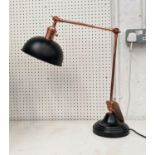 DESK LAMP, 70cm at tallest, adjustable design, coppered and black painted metal.
