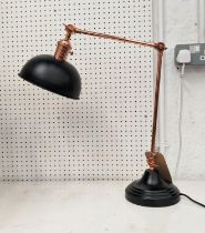 DESK LAMP, 70cm at tallest, adjustable design, coppered and black painted metal.