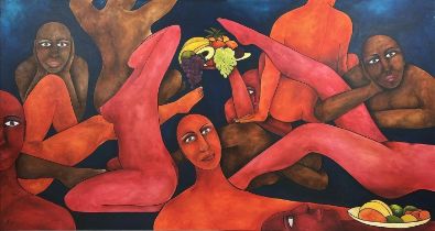 CLAIRE TURNBULL 'Female Figures and Fruit', oil on canvas, 106cm x 199cm, monogrammed and dated.